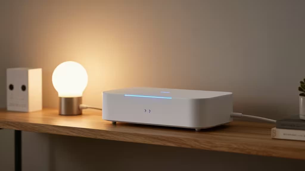 A modern smart home hub on a wooden shelf with softly glowing smart bulbs and sensors in the background