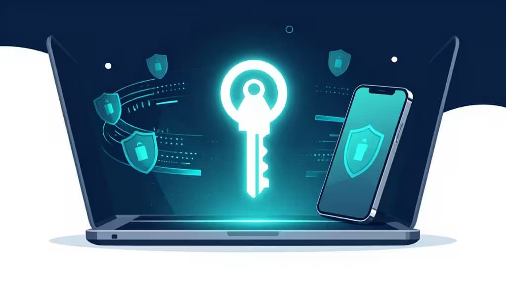 Светящийся ключ-значок над ноутбуком и смартфоном, окружённый потоками зашифрованных данных и щитовыми элементами, тёмно-синяя и бирюзовая палитра