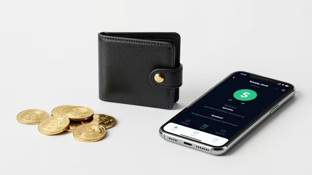 Black leather wallet, gold Bitcoin coins, and smartphone displaying staking app on minimalist white background.