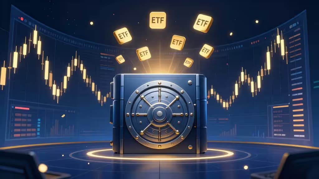 Illustration abstraite d'un marché financier avec graphiques de chandeliers et symboles ETF flottant au-dessus d'un coffre-fort sécurisé, tons bleu profond et or