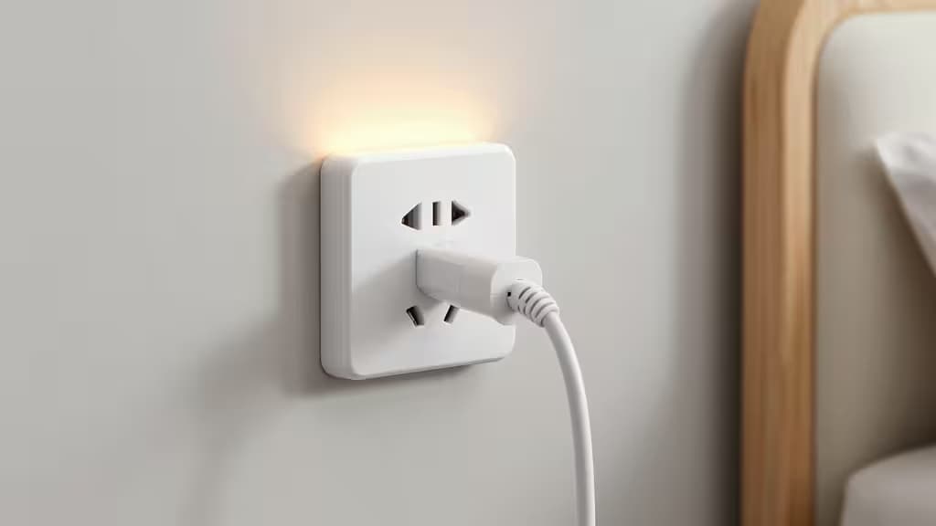 A white smart plug with a glowing indicator is plugged into a wall socket, powering a high-wattage device.