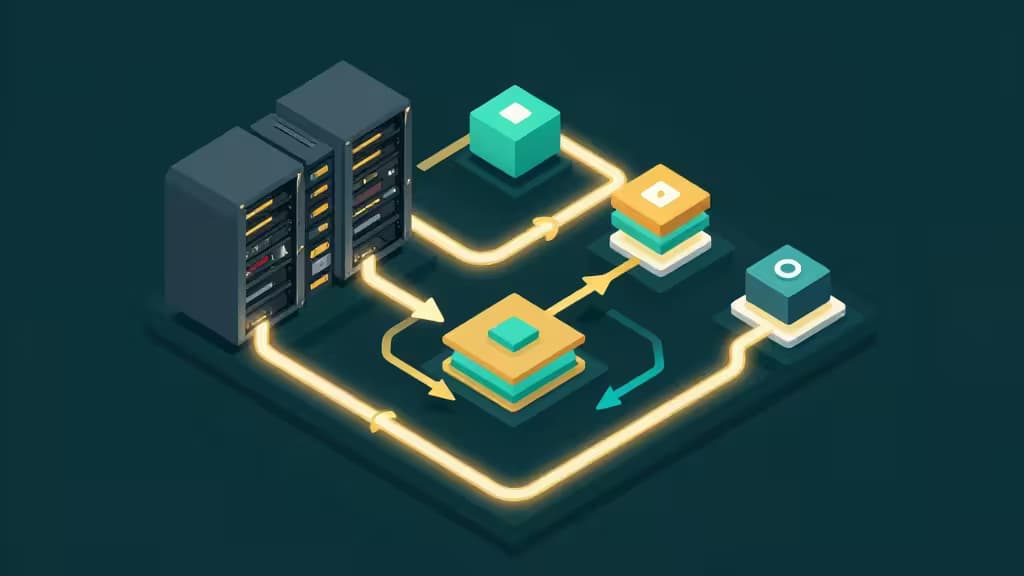 Abstracte isometrische illustratie van self-hosted server-infrastructuur met geautomatiseerde workflow-pipelines en Kubernetes-containerorkestratie.