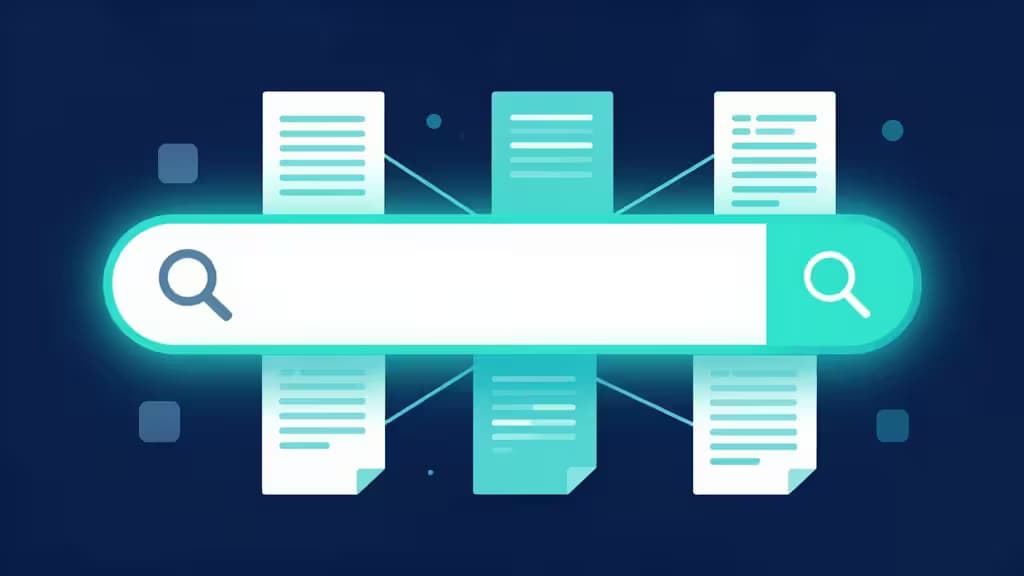 Abstracte illustratie van AI-gedreven zoekfunctionaliteit over documentatiepagina's met semantische verbindingslijnen in blauwe en turquoise tinten.