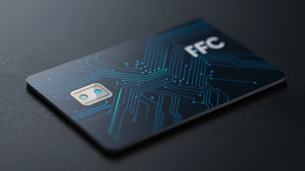 Elegante carta wallet NFC con circuiti blu luminosi e contatti metallici su superficie scura texturizzata.