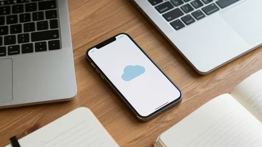 Silver laptops, smartphone with cloud icon, and notebooks arranged on a wooden desk.