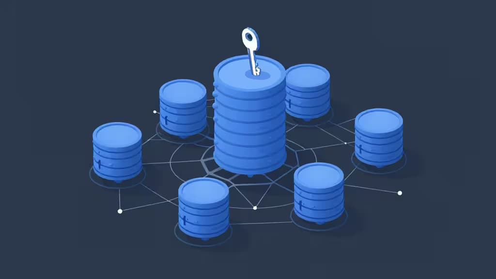 Blue database cylinders connected by network lines, with a central key symbolizing secure Kubernetes secrets management.