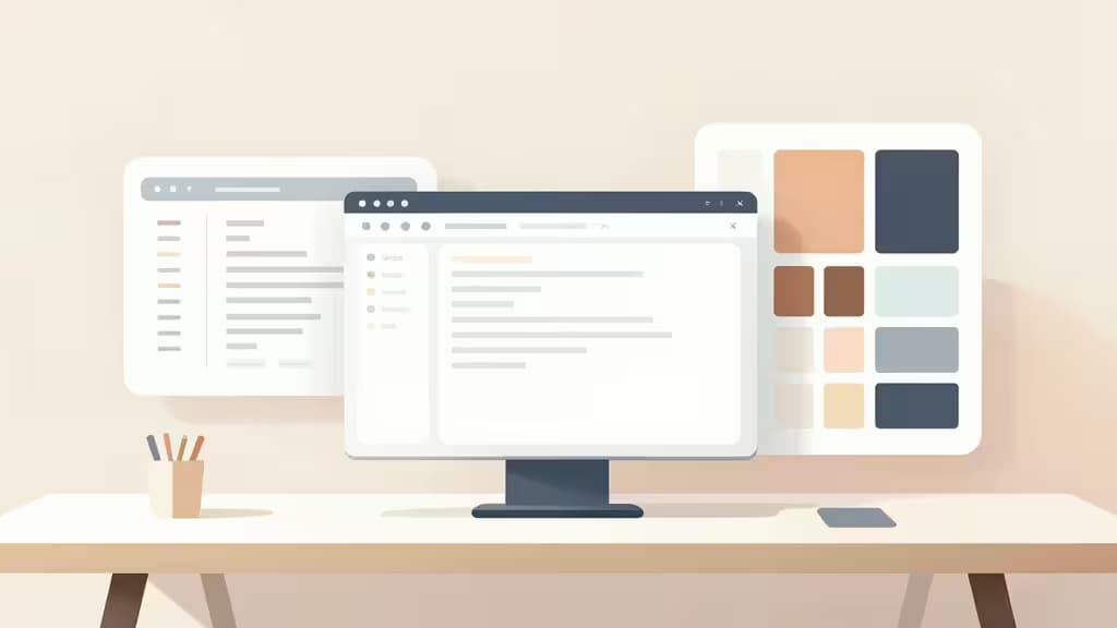A minimalist desk holds a monitor displaying UI wireframes, flanked by floating design panels and a color palette, illustrating an AI-enhanced UX workspace.