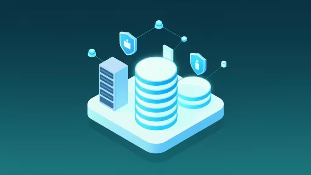 Ilustración isométrica abstracta de infraestructura cloud con bases de datos, servidores y nodos de API conectados sobre un fondo de gradiente azul oscuro.