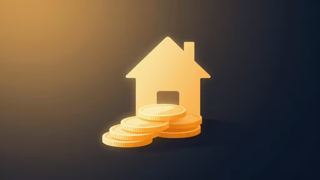 Glowing golden house icon rests on stacked coins, symbolizing rapid savings for a home down payment.