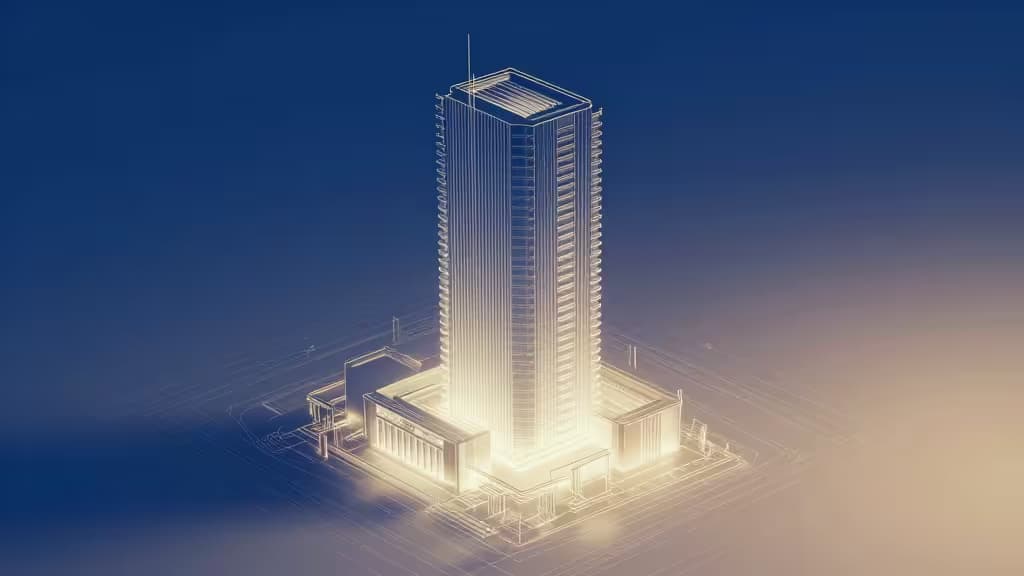Abstract architectural blueprint transitioning into a glowing AI-generated 3D building render with blue-to-amber gradient