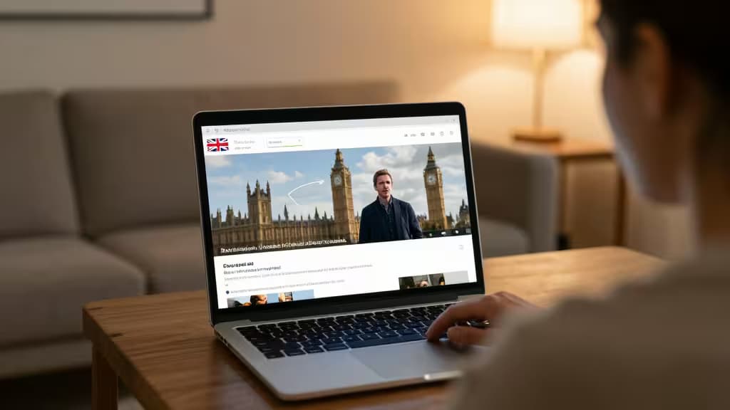 Person uses laptop to access UK Netflix via VPN, bypassing US geo-restrictions.