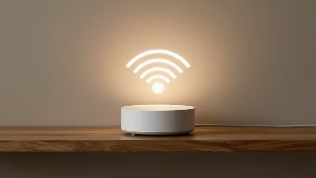 Hub cilíndrico blanco sobre estante de madera proyecta símbolo Wi-Fi brillante, simbolizando control de red local.
