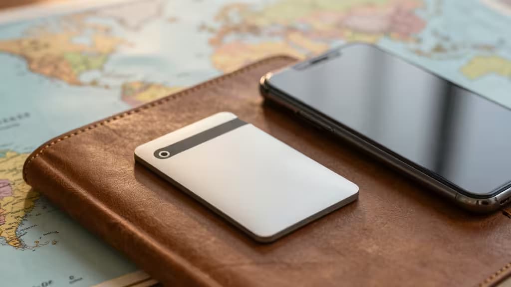A sleek white crypto card and smartphone rest on a brown leather journal, set against a blurred world map background.