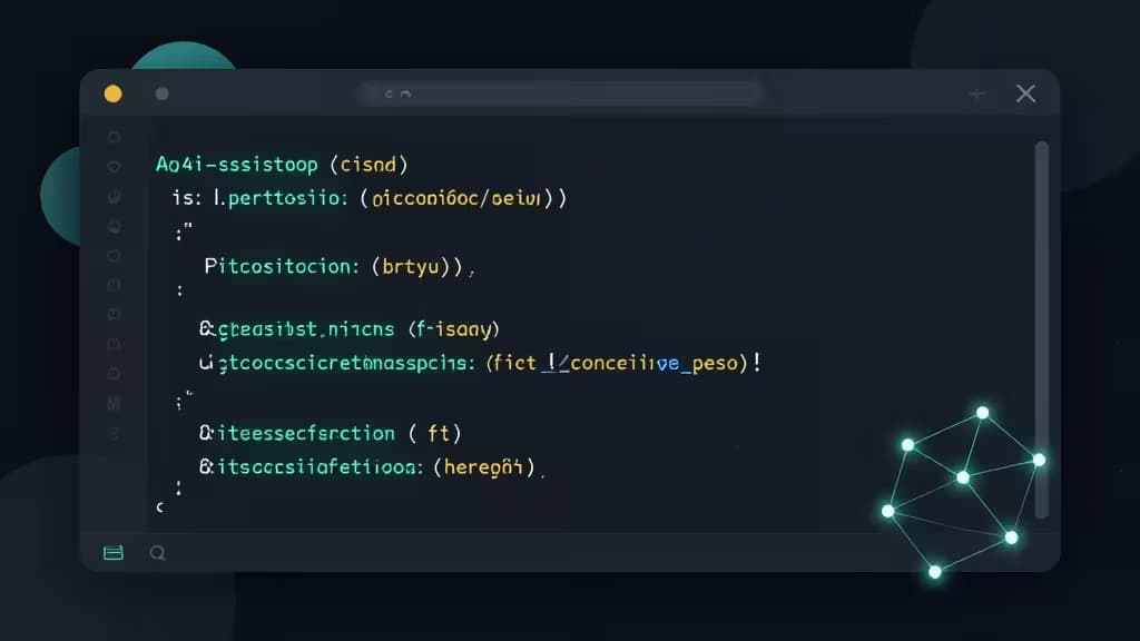 Fenêtre d'IDE sombre affichant des lignes de code colorées à côté d'un graphique de réseau neuronal lumineux.
