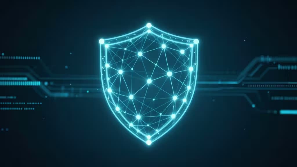 Een gloeiend blauw digitaal schild bestaande uit onderling verbonden knooppunten symboliseert veilige, anonieme online privacybescherming.