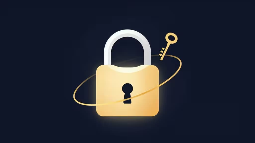 A minimalist golden padlock with an orbiting key on a dark navy background, symbolizing a dedicated private IP address.