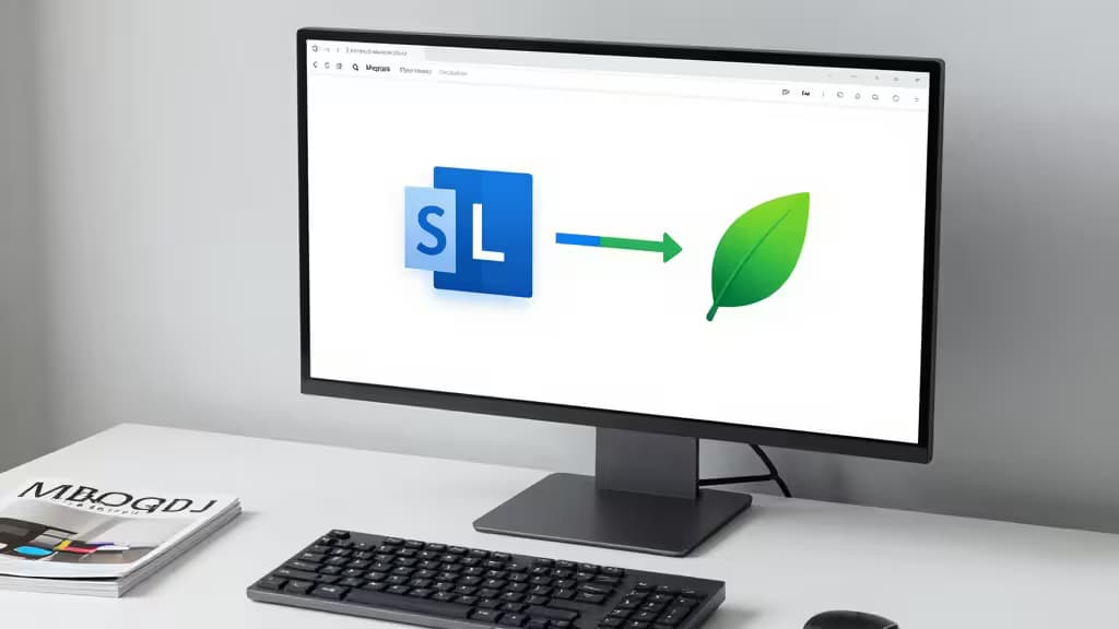 Monitor displays MongoDB-to-leaf migration icon, keyboard and magazine on desk.