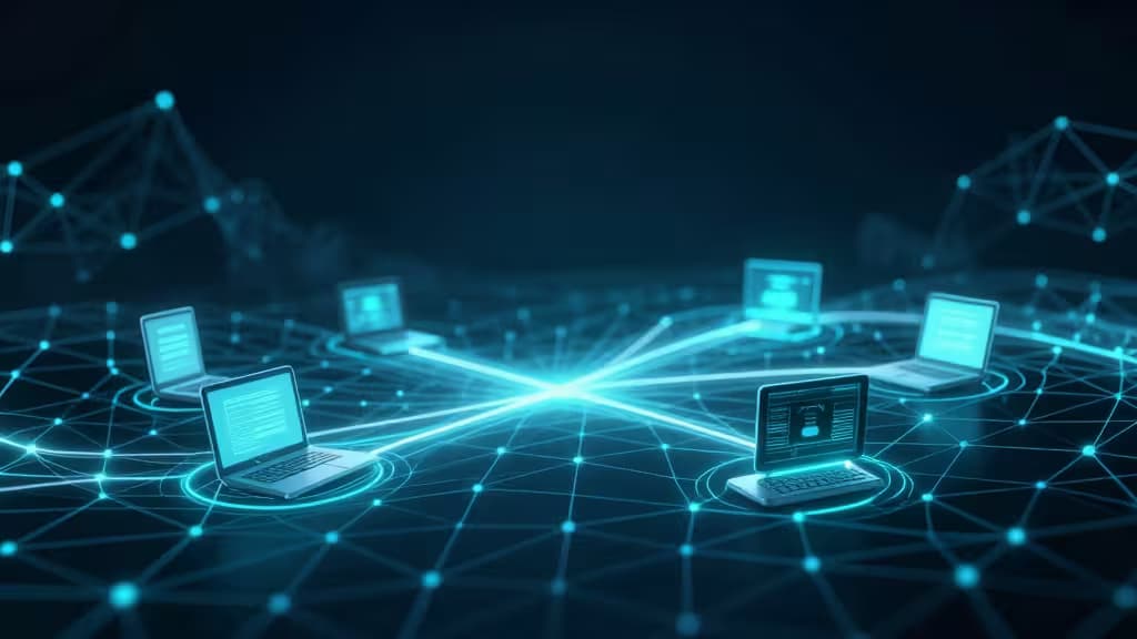 Glowing laptops connect via luminous data streams across a digital network, symbolizing secure self-hosted VPNs for AI privacy.