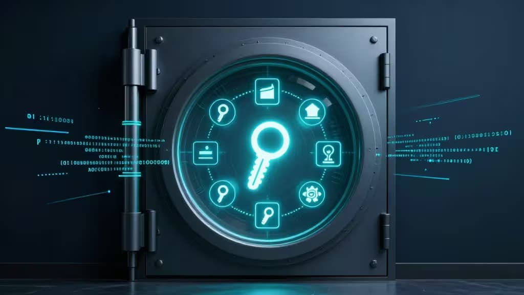 Eine futuristische Tresortür mit leuchtenden Schlüsselsymbolen und digitalem Code, die sicheres API-Key-Management symbolisiert.