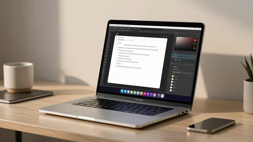 Silver laptop displays AI writing interface on wooden desk beside coffee mug and smartphone.