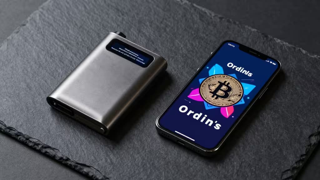 Een metalen hardware wallet en smartphone met 'Ordins' en Bitcoin-logo op donkere leisteen.