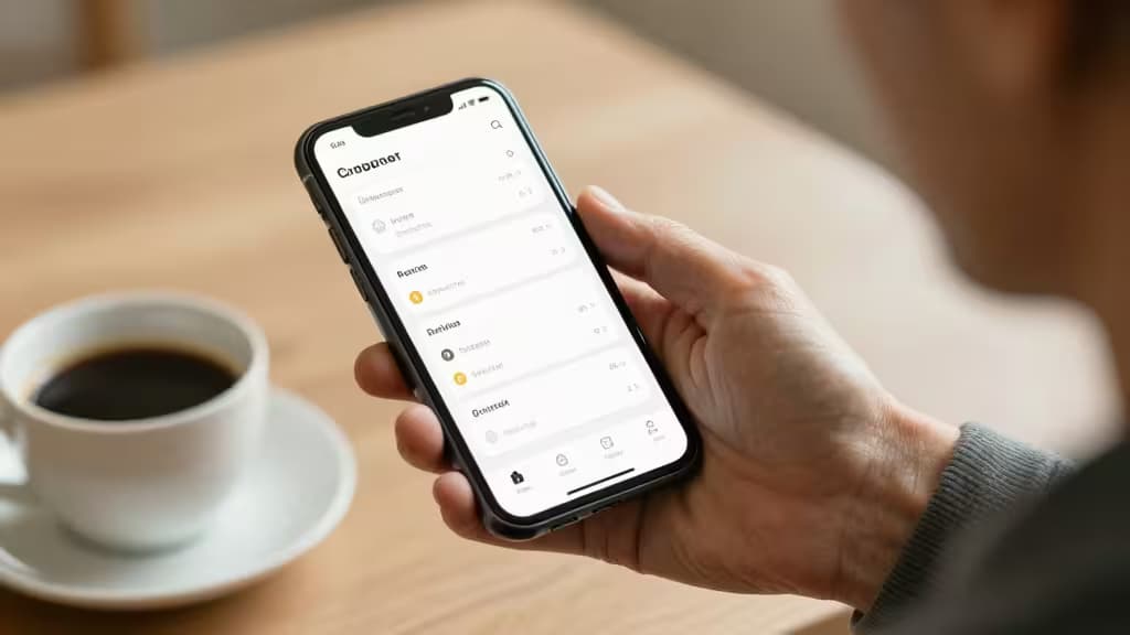 La main d'une personne senior tient un smartphone affichant une interface simple de portefeuille crypto, avec une tasse de café à proximité sur une table en bois.