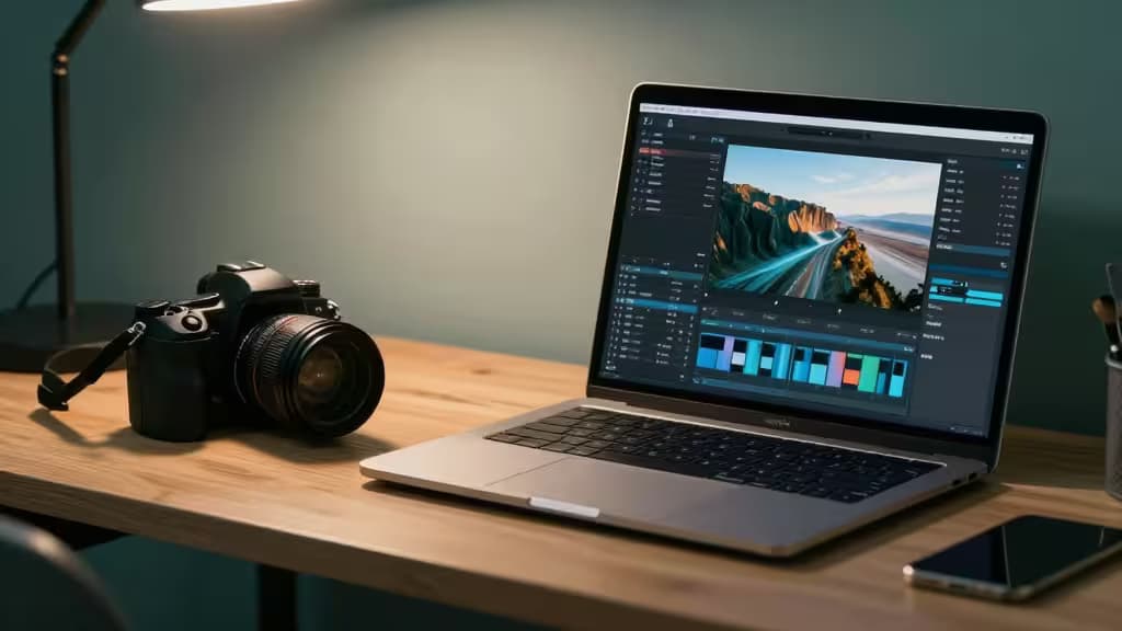 A photographer's workspace with a camera and laptop displaying an AI editing interface, lit with soft studio tones in teal and amber.