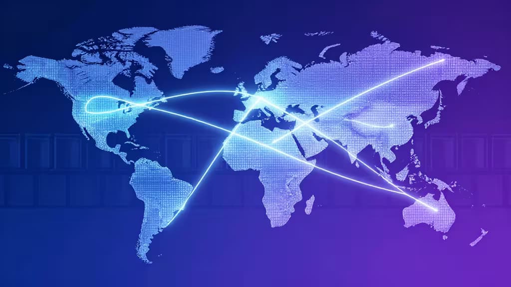 Glowing blue world map with light trails symbolizing global VPN connections.