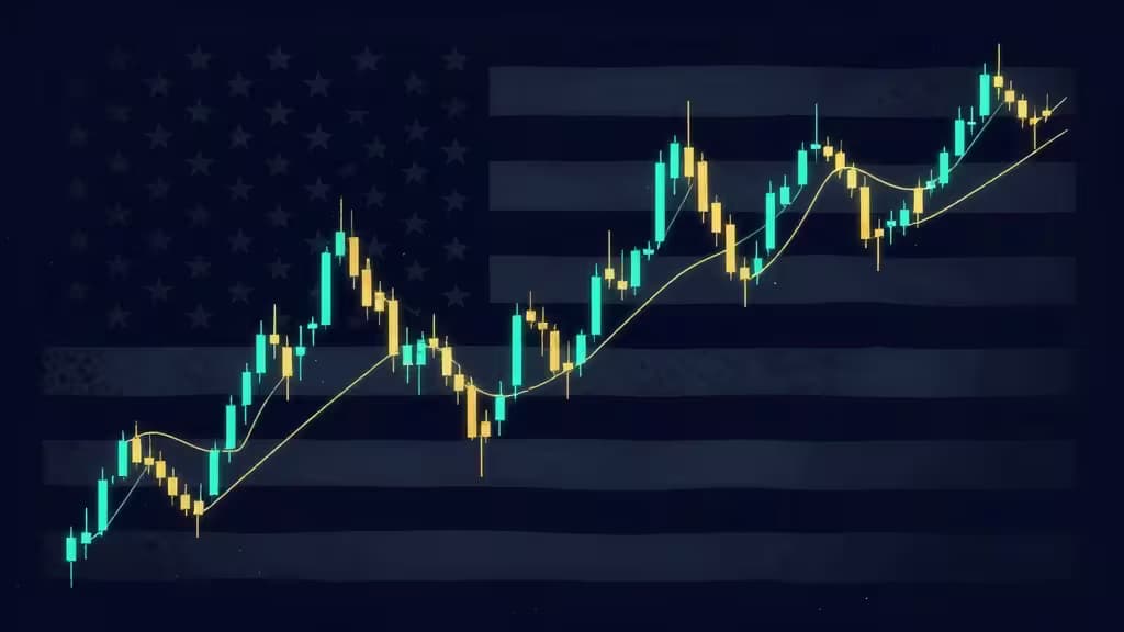Wykres świecowy rośnie na tle wyblakłej flagi USA, symbolizując rozwój krypto dla amerykańskich inwestorów w 2025 roku.