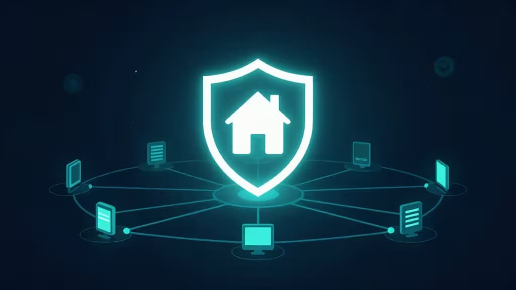 Un bouclier cyan lumineux avec une icône de maison protège un réseau d'appareils connectés sur un fond sombre.