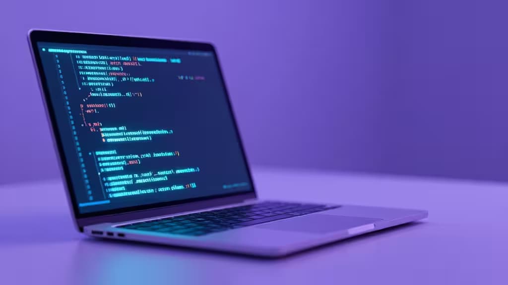 Un ordinateur portable élégant affiche du code lumineux sur son écran, baigné d'une lumière ambiante violette.