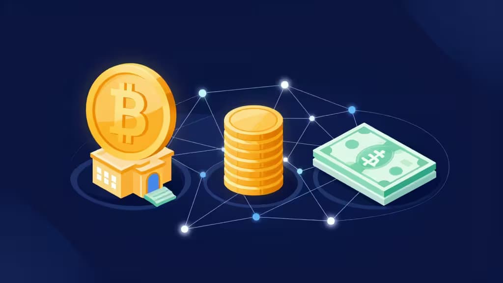 Moedas de Bitcoin, moedas de ouro e notas de dinheiro ligadas por uma rede digital num fundo azul escuro.