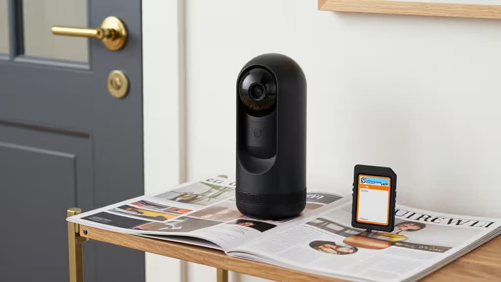 Een witte smart security camera op een houten plank gericht op een voordeur, met een microSD-kaartje en een kleine smart home hub ernaast — strakke magazine-stijl productfotografie.