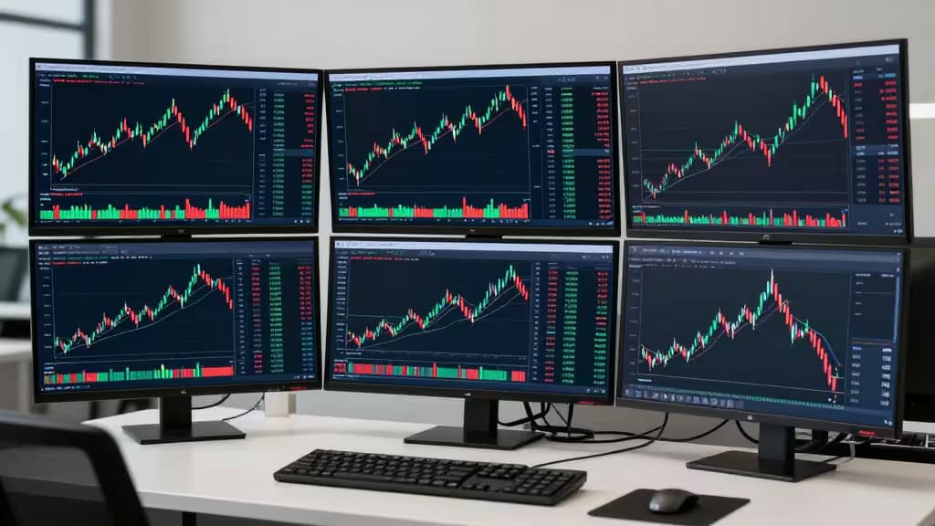 Sechs Monitore zeigen Krypto-Charts auf einem eleganten weißen Schreibtisch mit Tastatur und Maus – moderne Trading-Umgebung für Krypto-Optionen.