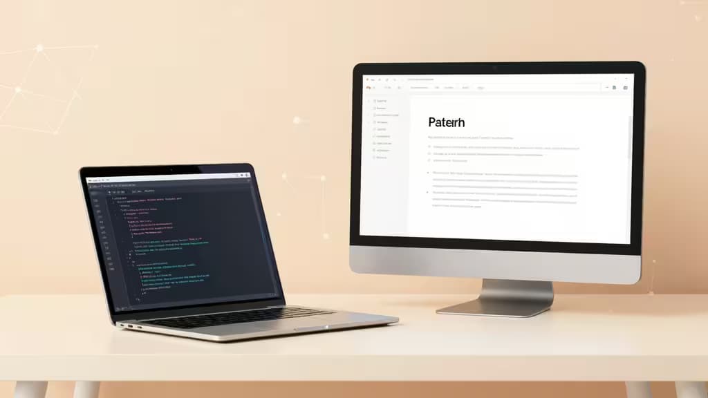Abstract illustration of a startup founder's workspace with a laptop displaying AI code suggestions and neural network connections in warm modern tones.