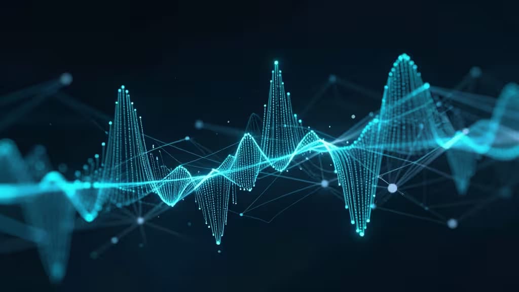 Glowing cyan data points form flowing waveforms and network nodes against a dark background, symbolizing real-time IoT monitoring.