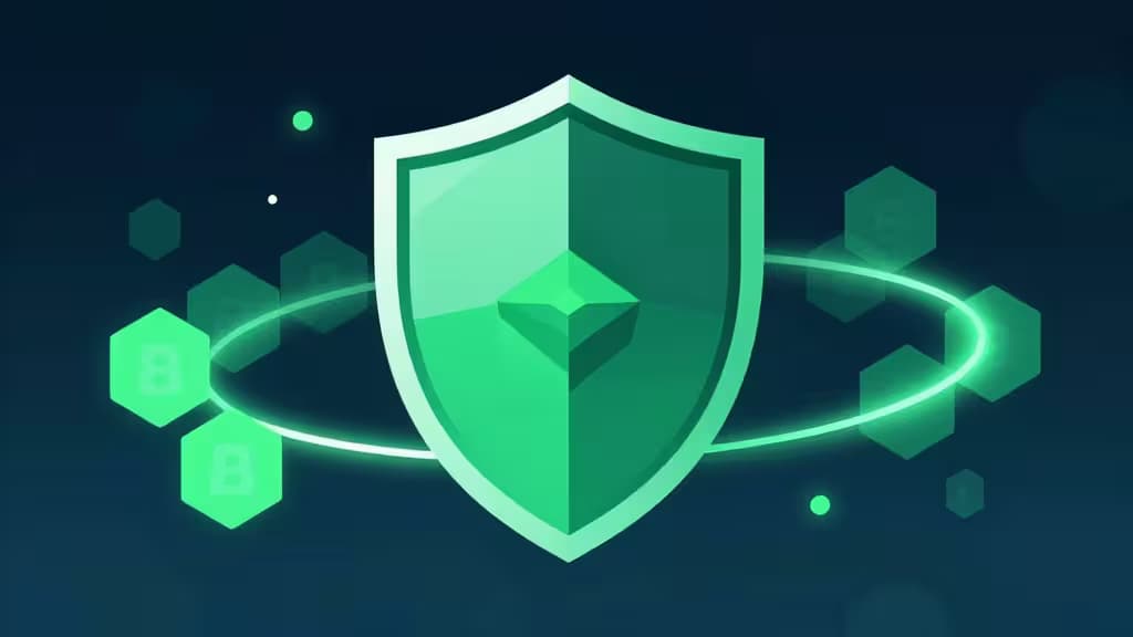 A glowing green shield encircles floating hexagons with 'B' symbols, symbolizing secure Web3 and crypto wallet protection.