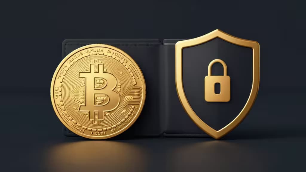 Golden Bitcoin coin rests beside a shield with lock, symbolizing secure cryptocurrency storage.