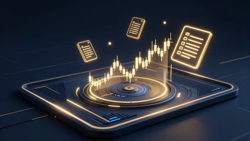 Glowing holographic charts and documents hover above a futuristic trading platform, symbolizing advanced crypto tax software.