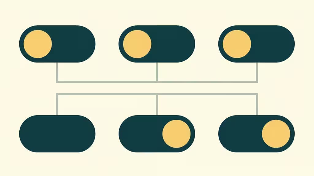 Six commutateurs basculants teal avec des cercles jaunes, disposés en deux rangées et reliés par des lignes grises, symbolisant les feature flags.