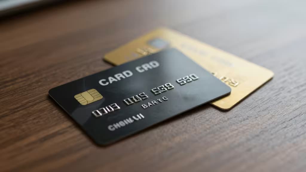 Two credit cards, one black and one gold, rest on a wooden surface.
