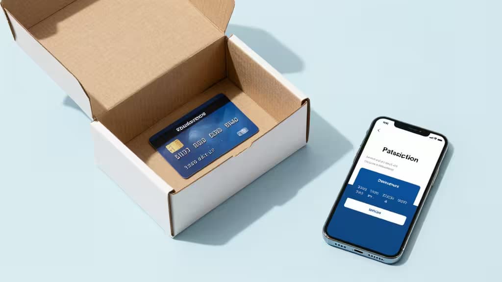 Una carta di credito in una scatola di cartone accanto a uno smartphone che mostra un'app di pagamento, su sfondo azzurro.