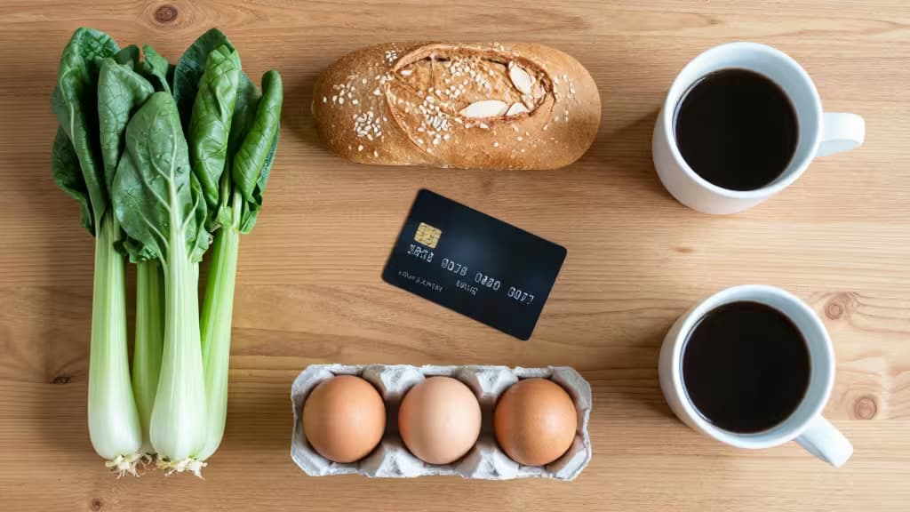Fresh groceries and coffee surround a black credit card on a wooden table.