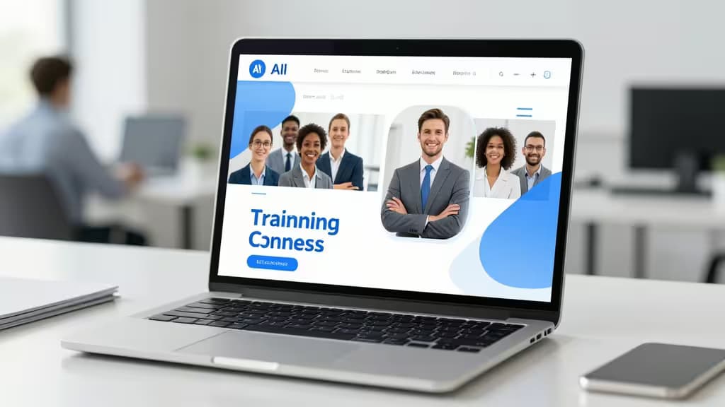 Laptop displays AI training platform with diverse professionals, blue accents, and 'Training Conness' headline.