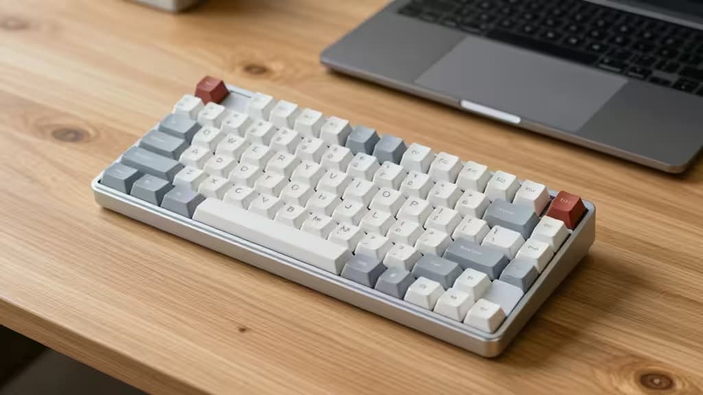 A sleek silver low-profile mechanical keyboard on a minimalist wooden desk beside a MacBook laptop.