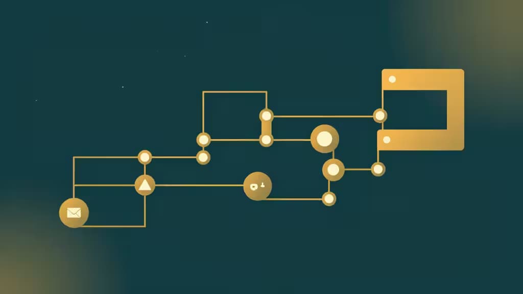Golden circuit-like nodes and lines flow across a dark teal background, symbolizing automated task pipelines for Node.js job queues.