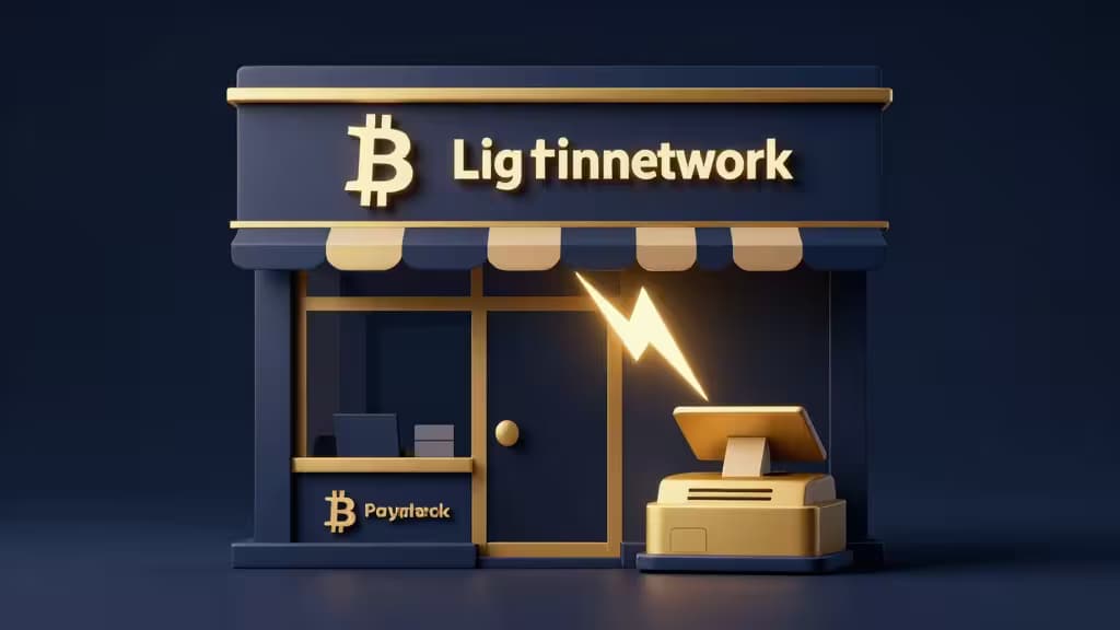 Illustrazione astratta di un negozio con simboli di pagamento Bitcoin Lightning Network, fulmini luminosi collegati a una cassa, palette blu scuro e oro.