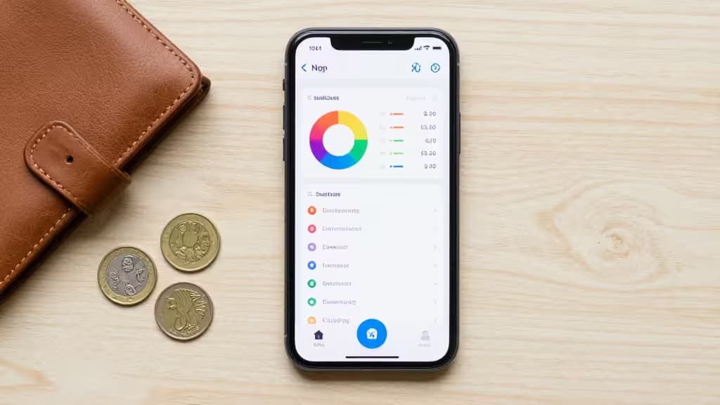 Smartphone displays colorful budgeting app dashboard beside brown leather wallet and three coins on wood.