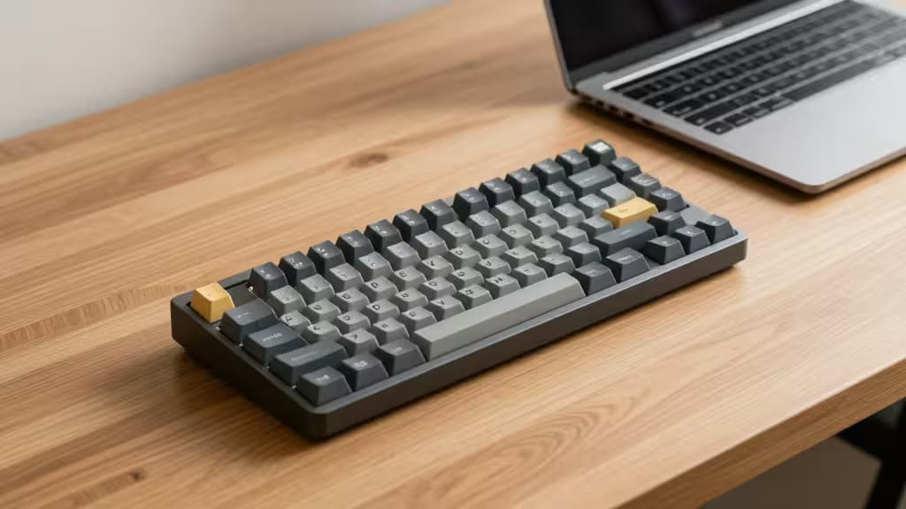 A compact mechanical keyboard with gray and yellow keycaps sits on a wooden desk beside a MacBook.