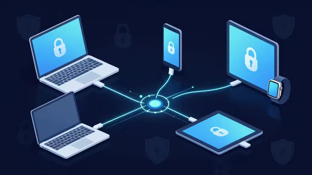 Abstract illustration of a laptop, smartphone, tablet, and smartwatch connected by glowing encrypted data streams on a dark navy background.